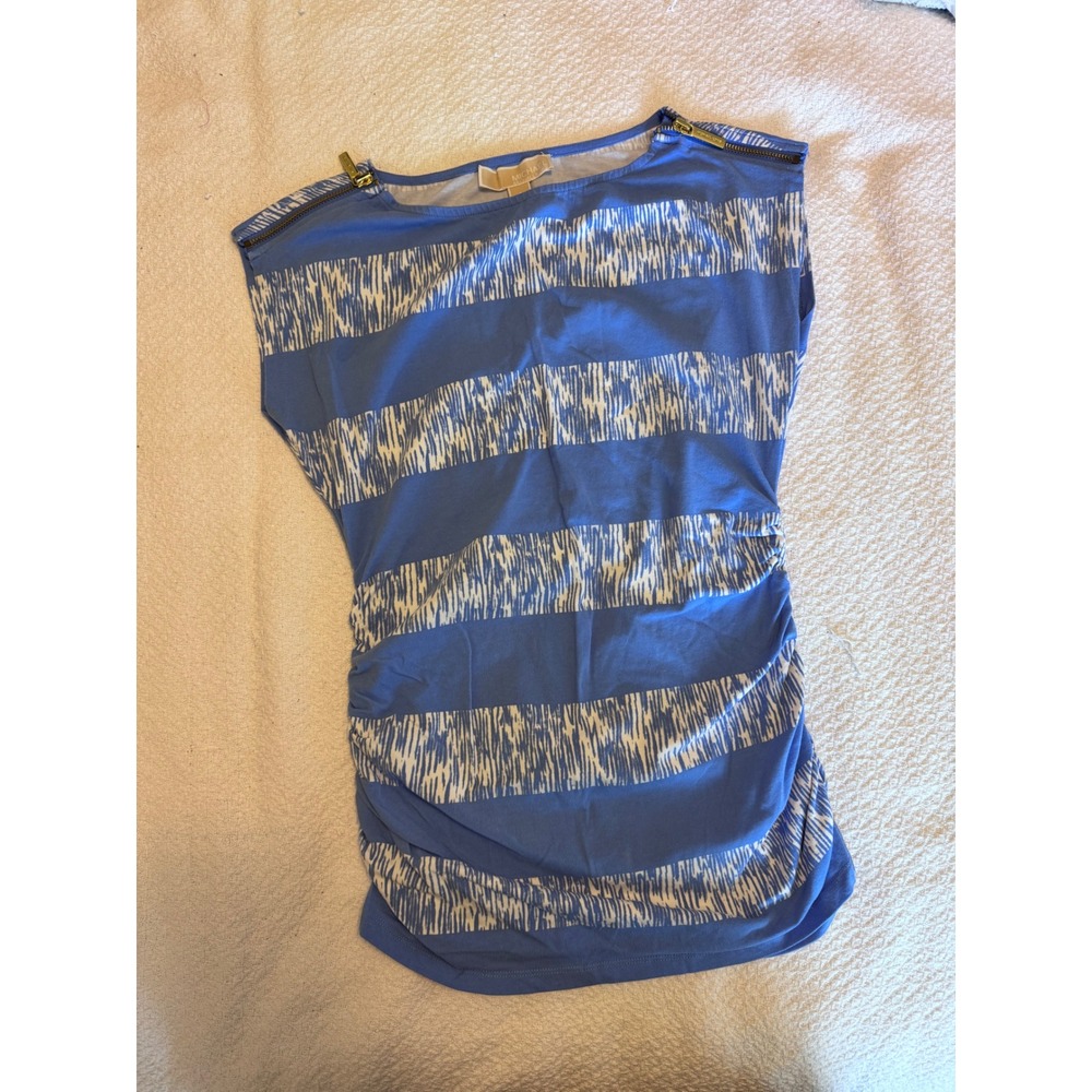 Michael Michael Kors Blue White Striped Ruched Top Gold Shoulder Zippers Small